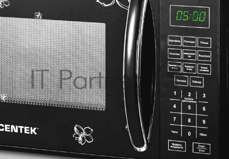 Микроволновая печь Centek CT-1579 (черный, ЦВЕТЫ), 700W, 20л, сенсор, 10 автоматических программ, LED дисплей