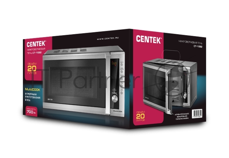 Микроволновая печь Centek CT-1582 (сталь) 700W, 20л, 8 программ, таймер, подсветка, камера -эмаль, ЖК-дисплей