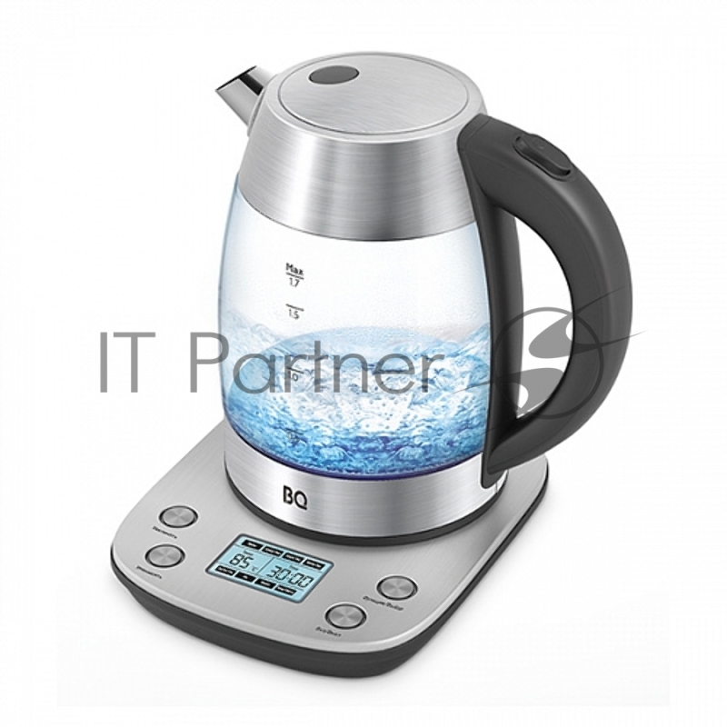 Чайник BQ KT1703G Steel-Black, Мощность: 2200 Вт, Oбъем: 1.7 л, 40-100 °С Регулировка температуры, Функция поддержания температуры, Дополнительные режимы для зеленого, черного, белого и травяного чая, Корпус из жаропрочного стекла, Дисковый нагревате