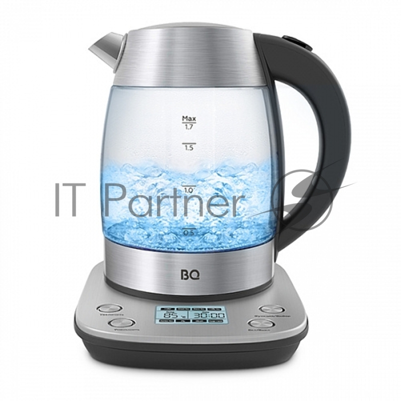 Чайник BQ KT1703G Steel-Black, Мощность: 2200 Вт, Oбъем: 1.7 л, 40-100 °С Регулировка температуры, Функция поддержания температуры, Дополнительные режимы для зеленого, черного, белого и травяного чая, Корпус из жаропрочного стекла, Дисковый нагревате