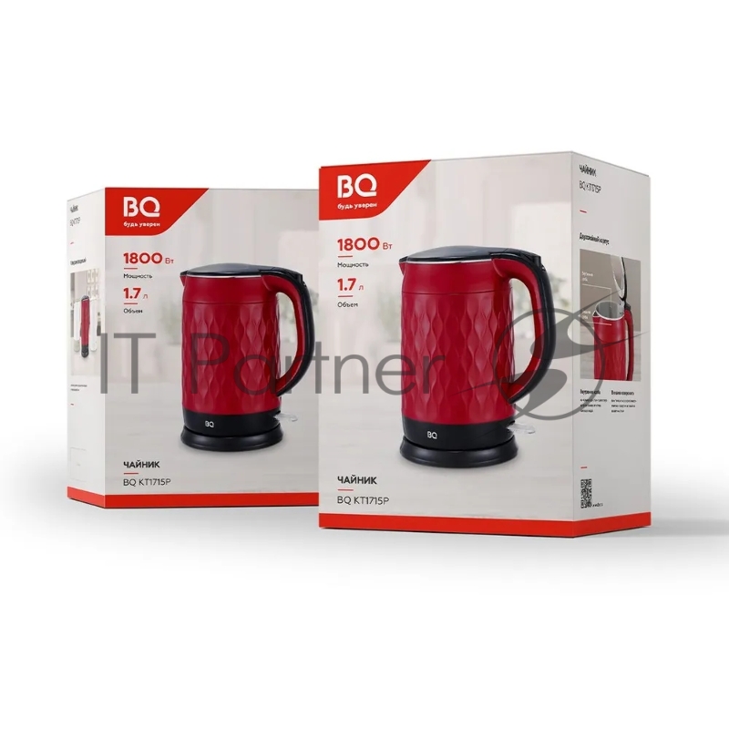 Чайник BQ KT1715P Red-Black. Мощность:1800 Вт/Объем 1,7л/ Двухслойный корпус, внутренная колба из нержавеющей стали препятствует соприкоснавению пластика с кипящей водой, внешняя поверхность выполнена из высококачественного пластика - корпус не нагре