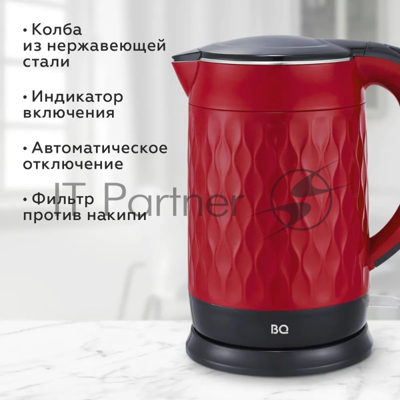 Чайник BQ KT1715P Red-Black. Мощность:1800 Вт/Объем 1,7л/ Двухслойный корпус, внутренная колба из нержавеющей стали препятствует соприкоснавению пластика с кипящей водой, внешняя поверхность выполнена из высококачественного пластика - корпус не нагре