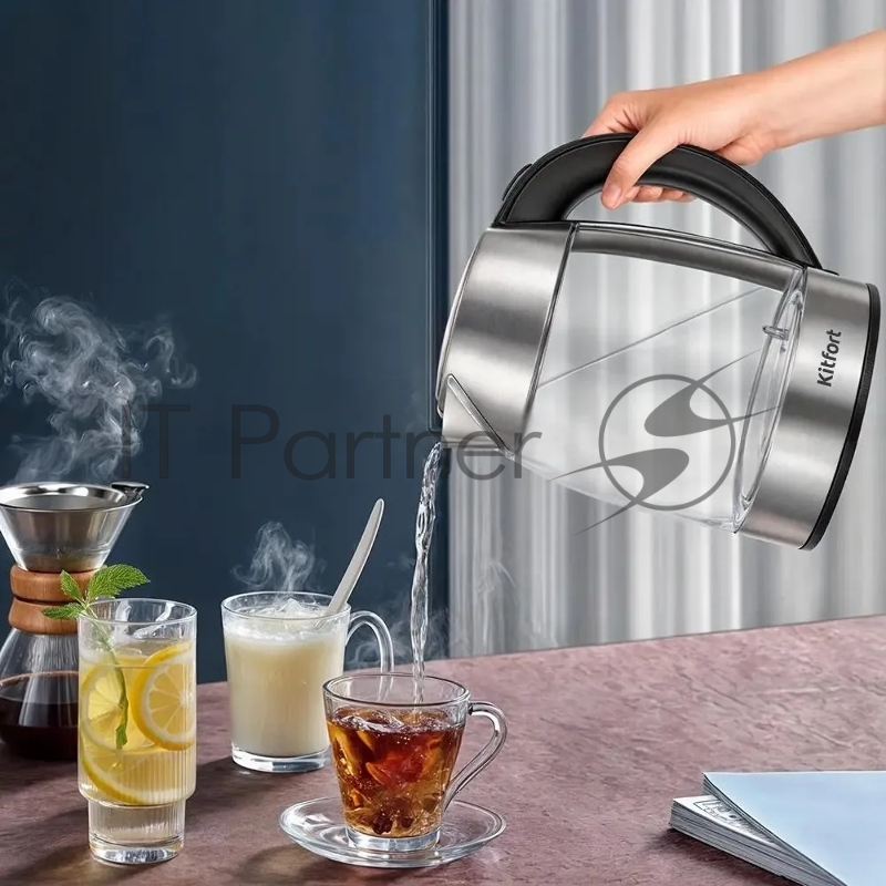 Чайный набор Kitfort КТ-6608 1.7л. 2200Вт нержавеющая сталь/черный корпус: пластик/стекло