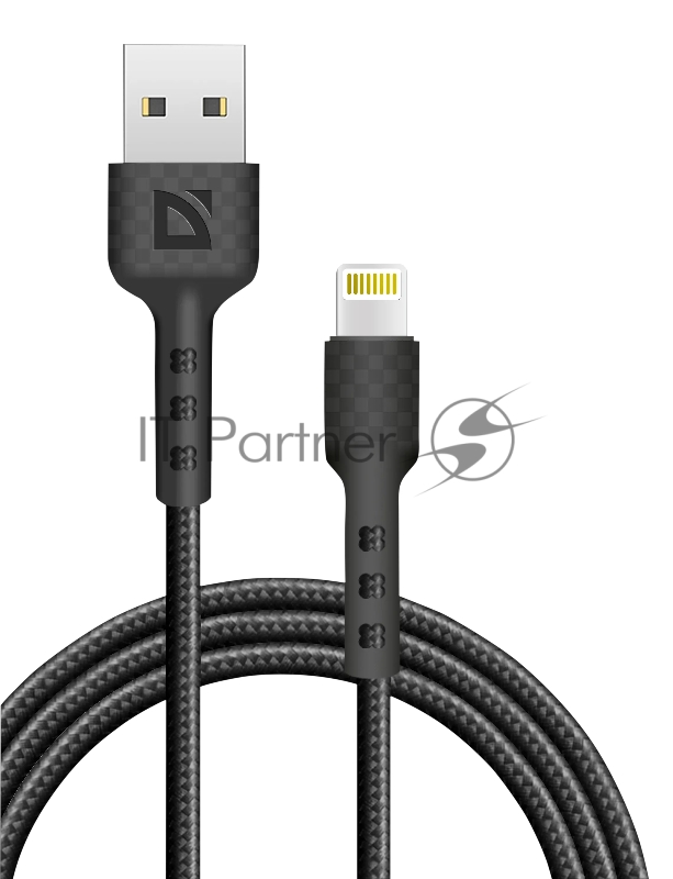 Кабель Defender F181, USB 2.0 (AM) - Apple Lightning (M), 1метр, 2.4А, нейлоновая оплетка, чёрный.
