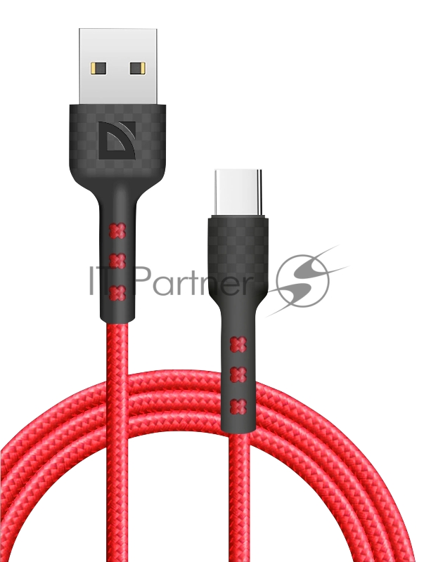 Кабель Defender F181, USB 2.0 (AM) - Type C, 1метр, 2.4А, нейлоновая оплетка, красный.