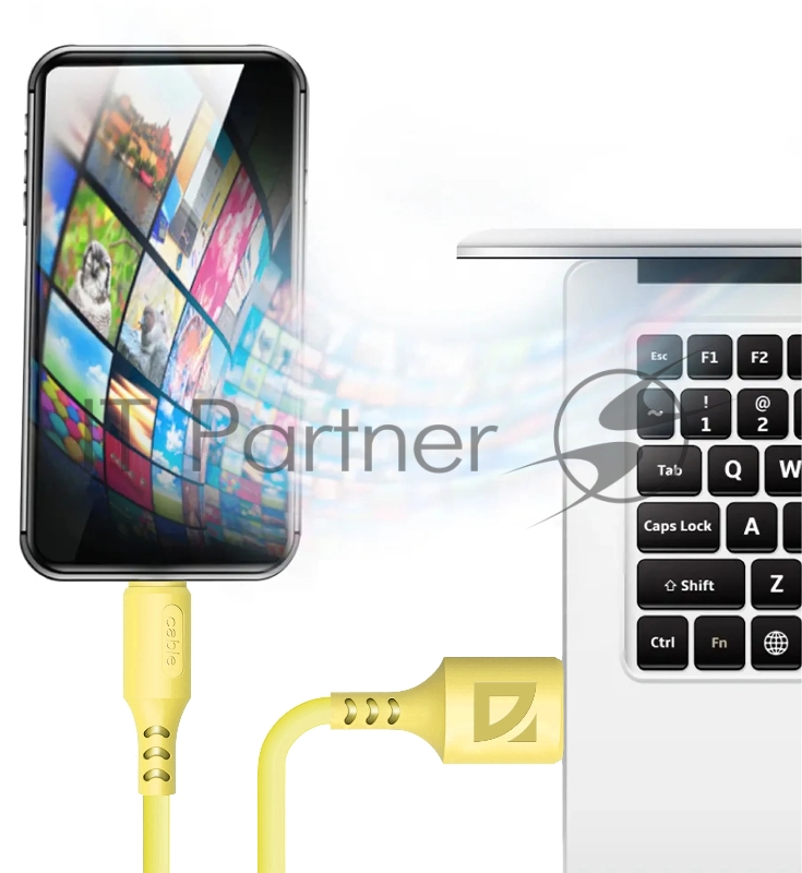 Кабель Defender F207, USB 2.0 (AM) - Apple Lightning (M), 1метр, 2.4А, силиконовая оплетка, жёлтый.