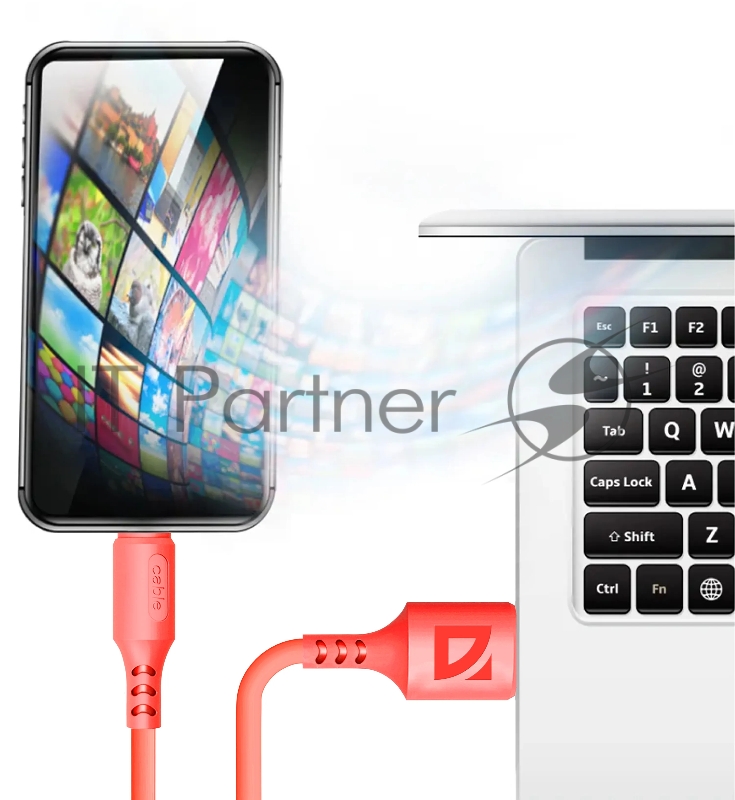 Кабель Defender F207, USB 2.0 (AM) - Apple Lightning (M), 1метр, 2.4А, силиконовая оплетка, красный.