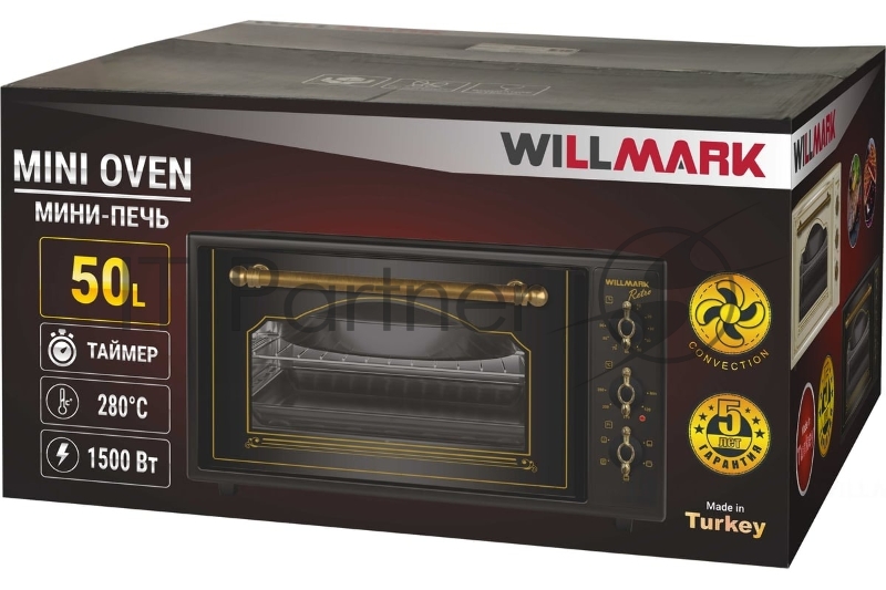 Мини-печь WILLMARK WOF-505BLR (50л,конвек, эм.поверх,лампа,таймер,ретро черн ., 1500Вт)