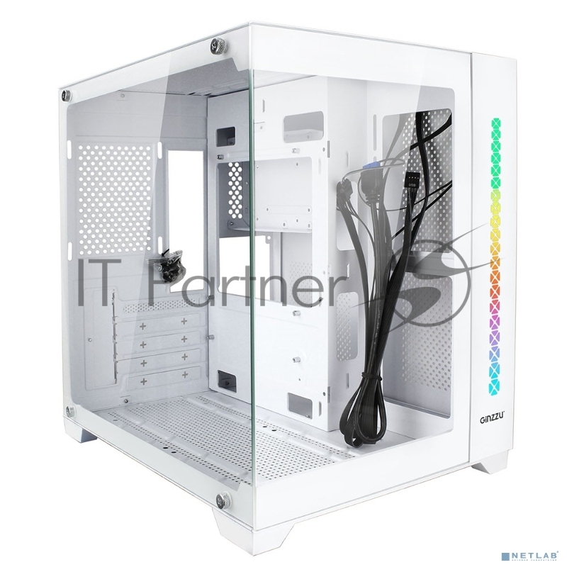 Корпус Ginzzu V420 RGB подсветка, закаленное стекло 1*USB 3.0,1*USB 2.0, AU Белый mATX