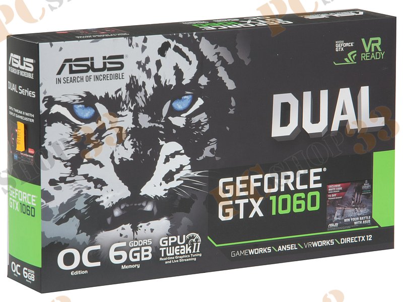 Видеокарта ASUS GeForce GTX 1060 6ГБ DUAL-GTX1060-O6G (GeForce GTX 1060, DDR5, DVI, 2xHDMI, 2xDP) (PCI-E)