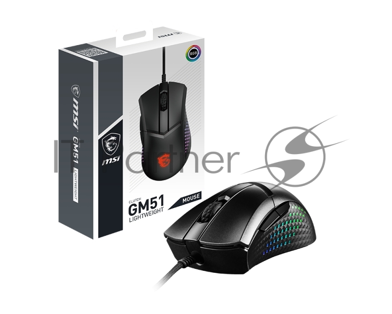 Мышь проводная Gaming Mouse MSI Clutch GM51 Lightweight, Wired, FriXionFree cable, DPI 6400 (max. 26000 by software), 3 Zone RGB lighting, Right handed, 75g, Black