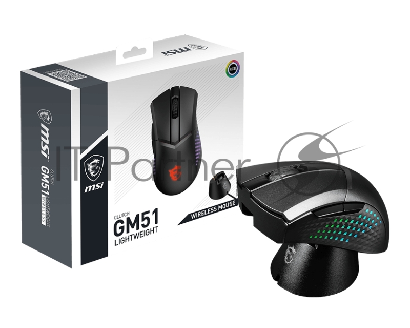 Мышь беспроводная Gaming Mouse MSI Clutch GM51 Lightweight, Wireless, DPI 6400 (max. 26000 by software), 3 Zone RGB lighting, Right handed, 85g, 550 mAH battery, charging dock & dongle, Black