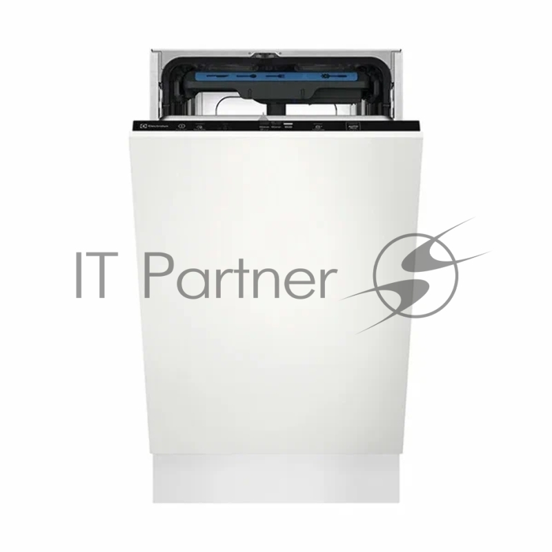 Встраиваемая узкая посудомоечная машина ELECTROLUX без фасада, загрузка на 10 комплектов посуды, сенсорное управление, 6 программ, 44.6x55x82 см, черный цвет, сушка: с открыванием дверцы, индикация на полу: луч