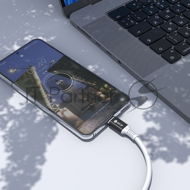 Кабель GCR 1.0m, TypeC POWER DELIVERY 60 W, 5A max, быстрая зарядка, белый TPE, AL case черный, белый ПВХ, 28/22 AWG, GCR-53656