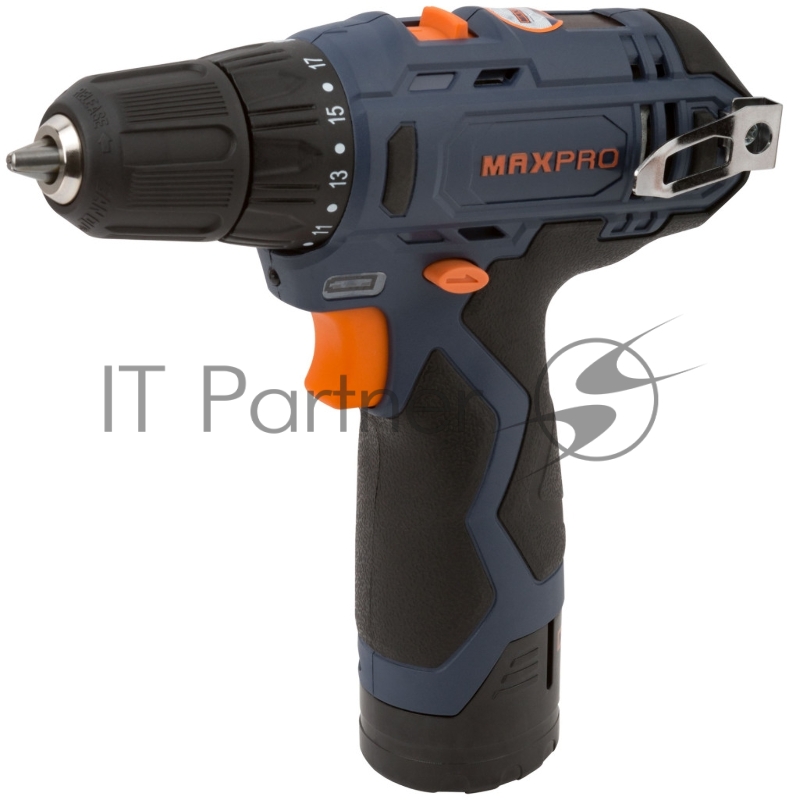 Дрель-Шуруповерт аккумуляторная MAX-PRO 12 В, 0-350/0-1300 об/мин, 10 мм, 26 Нм, 2 батареи (Li-Ion) х1,3 Ач, 17+1, 1 ч., регулировка оборотов, резинов