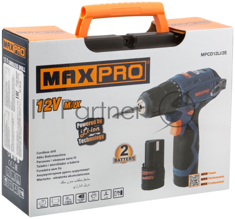 Дрель-Шуруповерт аккумуляторная MAX-PRO 12 В, 0-350/0-1300 об/мин, 10 мм, 26 Нм, 2 батареи (Li-Ion) х1,3 Ач, 17+1, 1 ч., регулировка оборотов, резинов