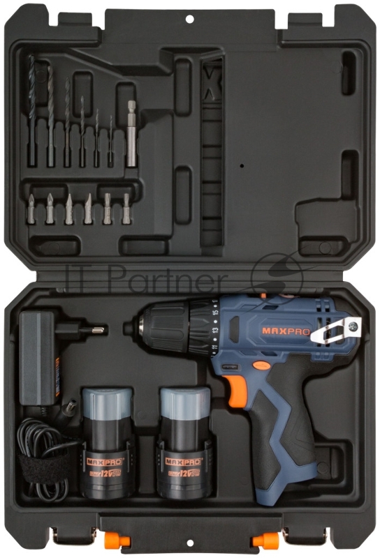 Дрель-Шуруповерт аккумуляторная MAX-PRO 12 В, 0-350/0-1300 об/мин, 10 мм, 26 Нм, 2 батареи (Li-Ion) х1,3 Ач, 17+1, 1 ч., регулировка оборотов, резинов