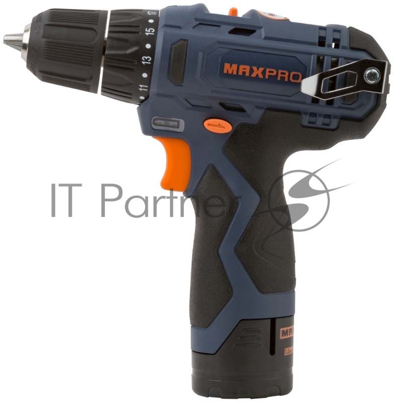 Дрель-Шуруповерт аккумуляторная MAX-PRO 12 В, 0-350/0-1300 об/мин, 10 мм, 26 Нм, 2 батареи (Li-Ion) х1,3 Ач, 17+1, 1 ч., регулировка оборотов, резинов