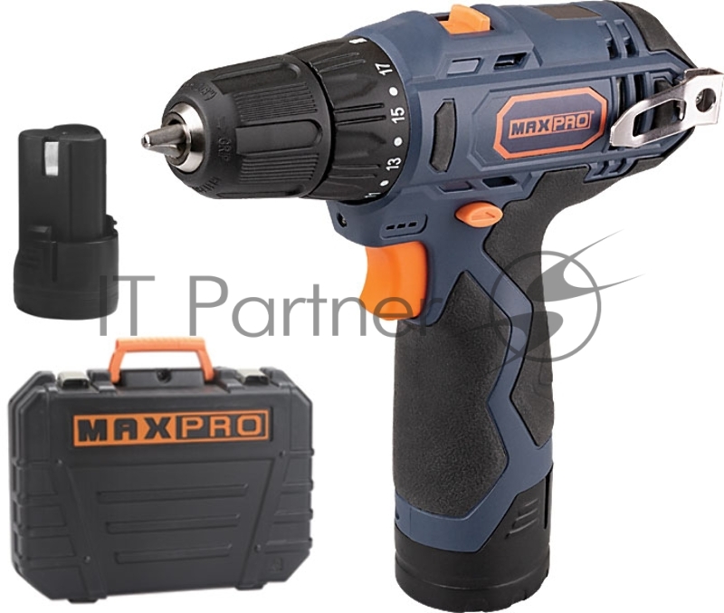 Дрель-Шуруповерт аккумуляторная MAX-PRO 12 В, 0-350/0-1300 об/мин, 10 мм, 26 Нм, 2 батареи (Li-Ion) х1,3 Ач, 17+1, 1 ч., регулировка оборотов, резинов