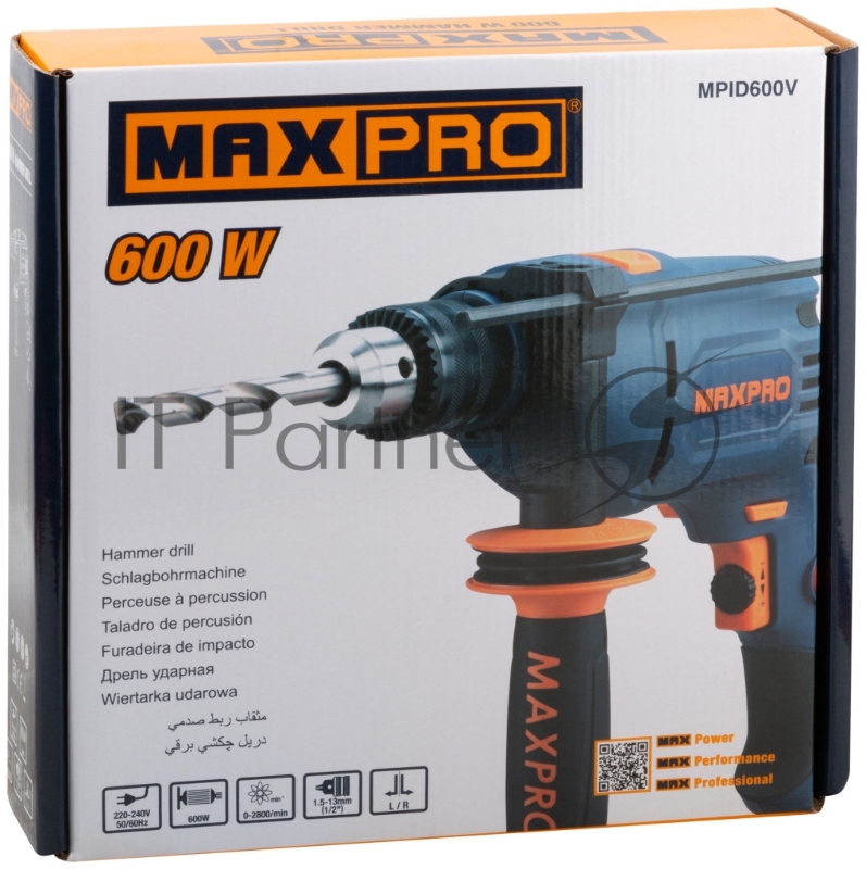 Дрель ударная MAX-PRO 600 Вт, 0-2800 об/мин, ключевой патрон 1,5-13 мм, 1,6 кг, антивибрационная ручка, резиновые вставки, кор.