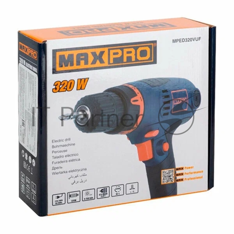 Дрель электрическая MAX-PRO 320 Вт, 0-4200об/мин, быстрозажимной патрон 0,6-6,5мм, 1 кг, резиновые вставки, кор.