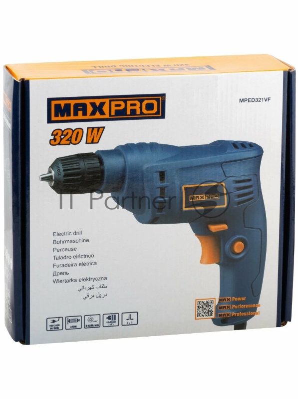 Дрель электрическая MAX-PRO 320 Вт, 0-4200об/мин, быстрозажимной патрон 0,6-6,5мм, 1 кг, резиновые вставки, кор.