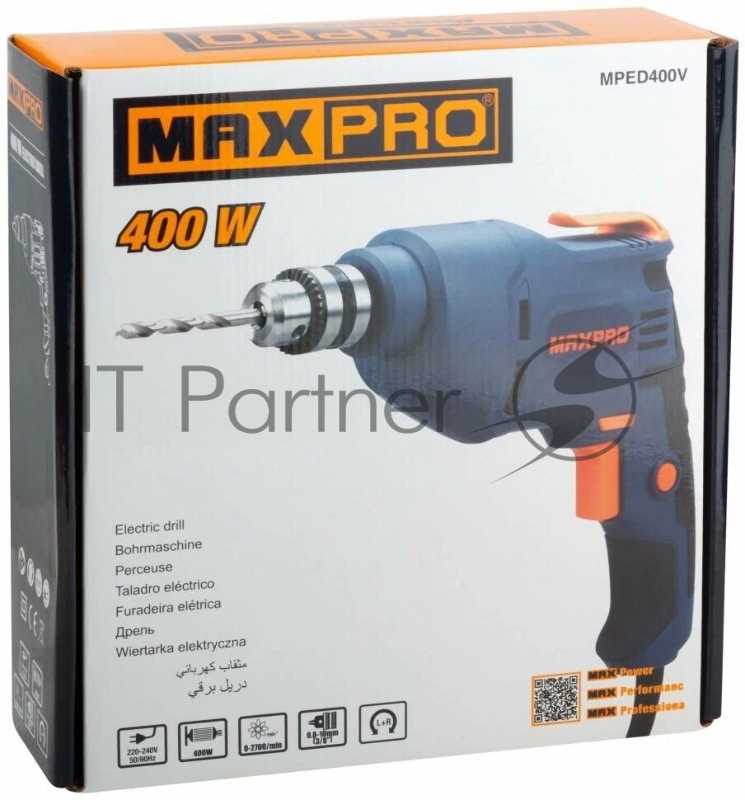 Дрель электрическая MAX-PRO MPED400V 400 Вт, 0-2700об/мин, ключевой патрон 0,8-10мм, 1,2 кг, резиновые вставки, кор.