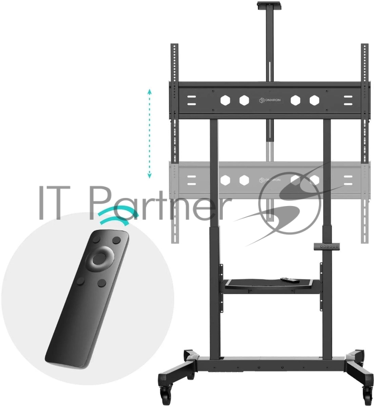 Мобильная стойка МОТОРИЗОВАННАЯ ONKRON на 1 ТВ/ 50-100 от 200х200 до 1000х600, макс нагр 130кг, 1 полка для AV, полка для камеры, кабель-канал, высота 1130-1600мм, черный