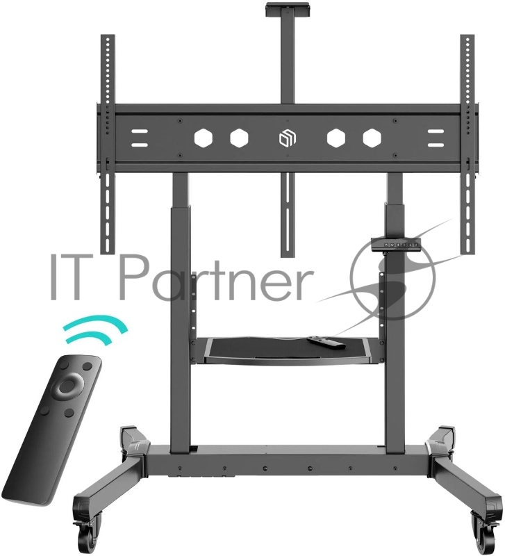 Мобильная стойка МОТОРИЗОВАННАЯ ONKRON на 1 ТВ/ 50-100 от 200х200 до 1000х600, макс нагр 130кг, 1 полка для AV, полка для камеры, кабель-канал, высота 1130-1600мм, черный
