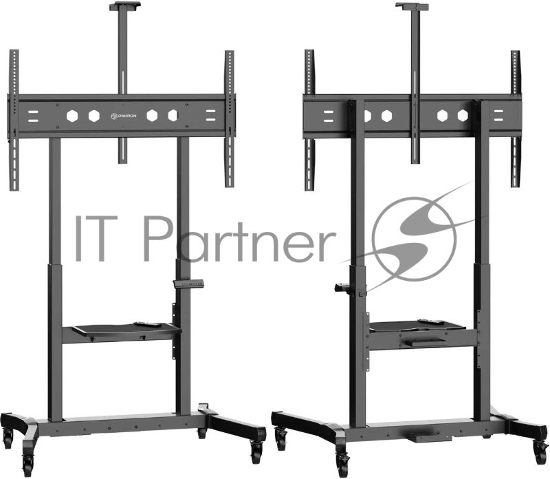 Мобильная стойка МОТОРИЗОВАННАЯ ONKRON на 1 ТВ/ 50-100 от 200х200 до 1000х600, макс нагр 130кг, 1 полка для AV, полка для камеры, кабель-канал, высота 1130-1600мм, черный