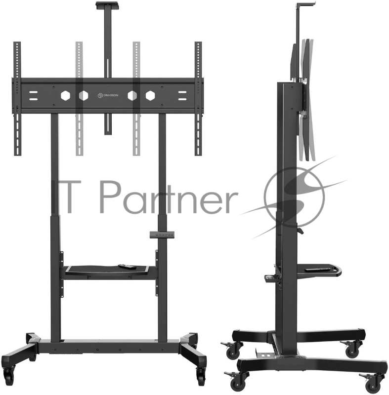 Мобильная стойка МОТОРИЗОВАННАЯ ONKRON на 1 ТВ/ 50-100 от 200х200 до 1000х600, макс нагр 130кг, 1 полка для AV, полка для камеры, кабель-канал, высота 1130-1600мм, черный