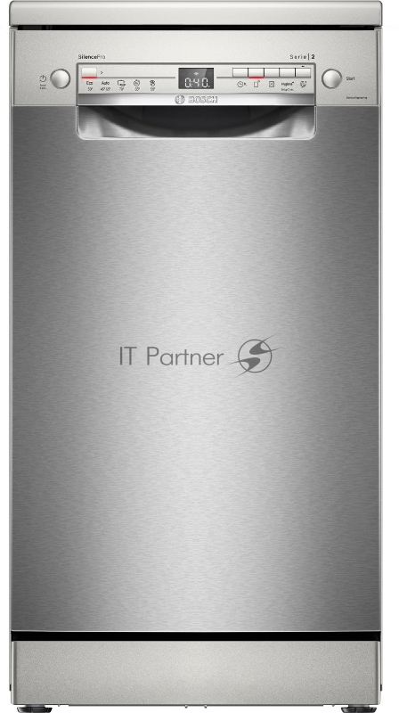 Отдельностоящая посудомоечная машина Bosch, 45 см, 10 комплектов, 10 программ, электронное управление, дисплей, отсрочка старта, уровень шума 46 дБ, энергоэффективность А+, цвет серебряный