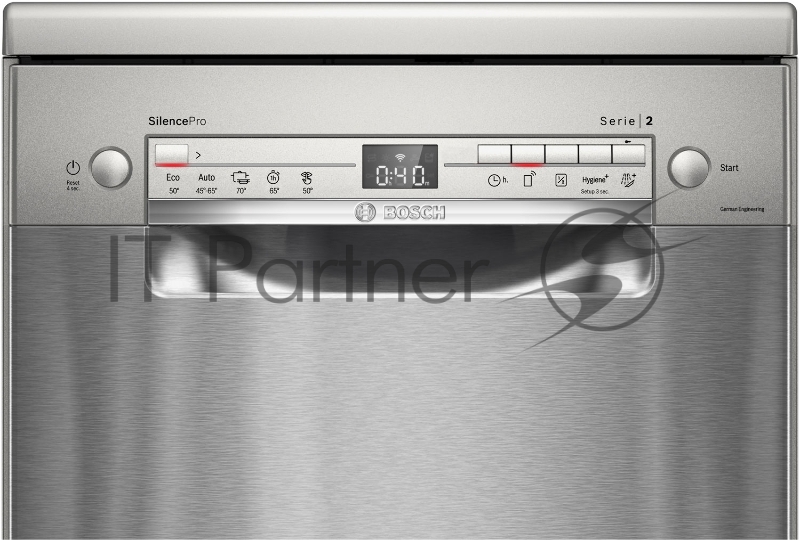 Отдельностоящая посудомоечная машина Bosch, 45 см, 10 комплектов, 10 программ, электронное управление, дисплей, отсрочка старта, уровень шума 46 дБ, энергоэффективность А+, цвет серебряный