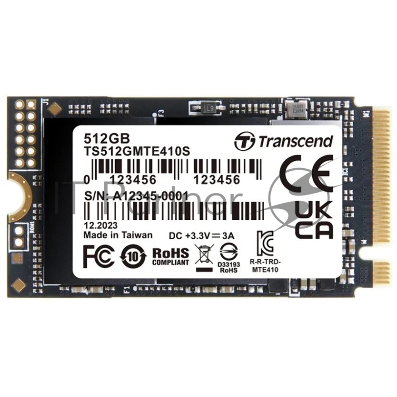 Твердотельный накопитель Transcend SSD MTE410S, 512GB, M.2(22x42mm), NVMe, PCIe 4x4, 3D TLC, R/W 5000/3500MB/s, IOPs 570 000/700 000, TBW 300, DWPD 0.33, DRAM-less (5 лет)