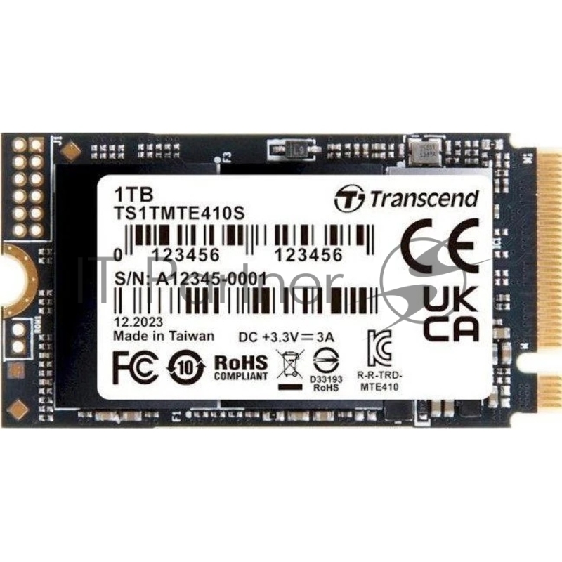 Твердотельный накопитель Transcend SSD MTE410S, 1000GB, M.2(22x42mm), NVMe, PCIe 4x4, 3D TLC, R/W 5000/3500MB/s, IOPs 570 000/700 000, TBW 600, DWPD 0.33, DRAM-less (5 лет)