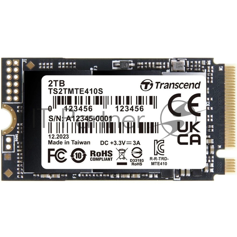 Твердотельный накопитель Transcend SSD MTE410S, 2000GB, M.2(22x42mm), NVMe, PCIe 4x4, 3D TLC, R/W 5000/4300MB/s, IOPs 570 000/700 000, TBW 1200, DWPD 0.33, DRAM-less (5 лет)