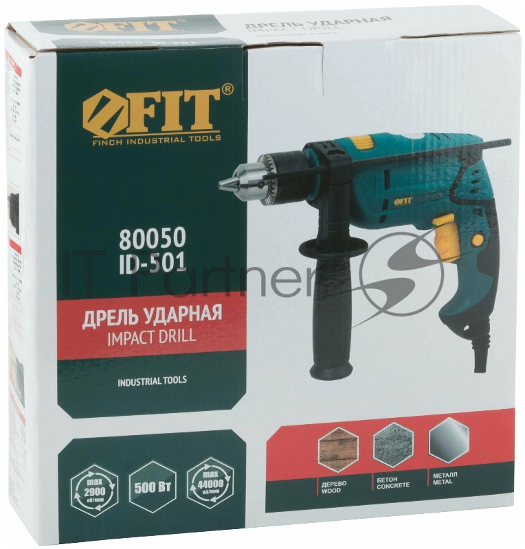 Дрель ударная FIT ID-501 500 Вт, 0-2900 об/мин, КлП 10 мм, 1,6 кг, рез. накл, коробка