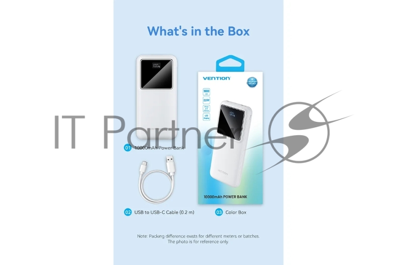 Внешний аккумулятор Vention 10000mAh(M/C-A/A)22.5W Белый с LED Дисплеем