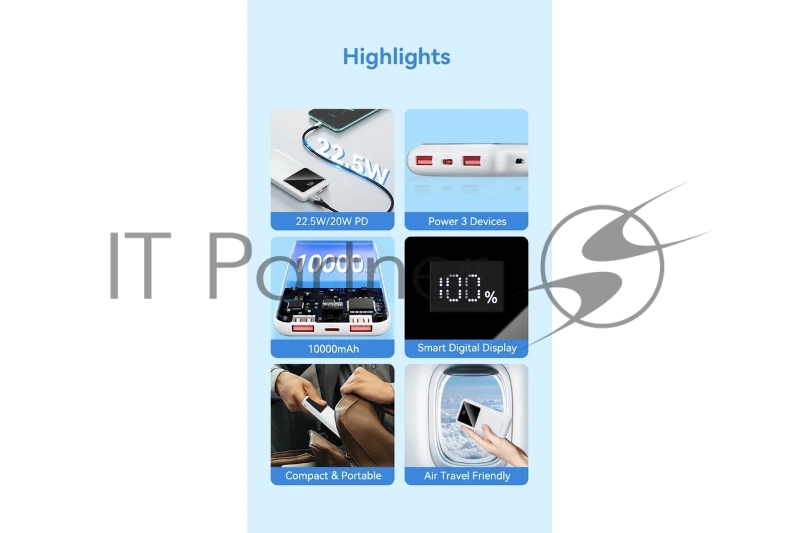 Внешний аккумулятор Vention 10000mAh(M/C-A/A)22.5W Белый с LED Дисплеем