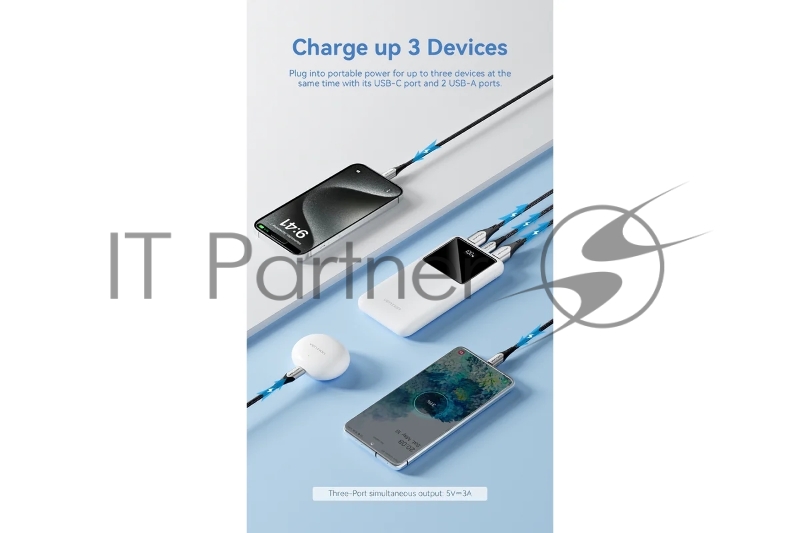 Внешний аккумулятор Vention 10000mAh(M/C-A/A)22.5W Белый с LED Дисплеем