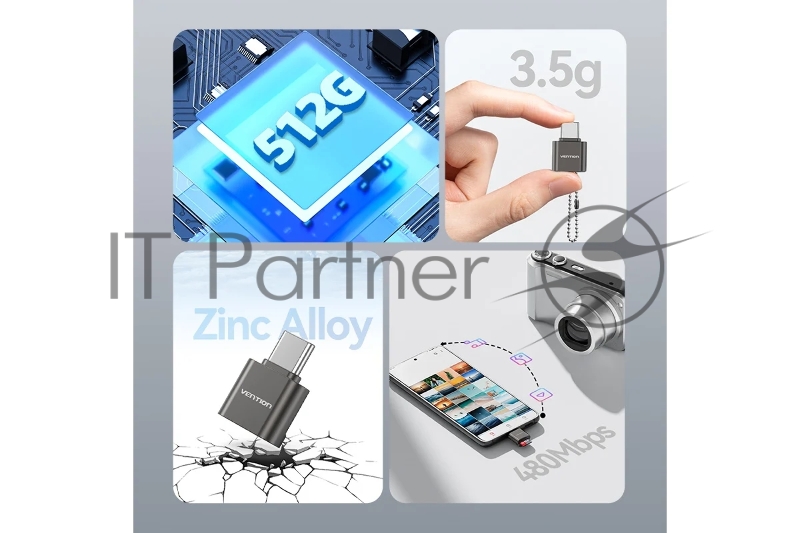 Картридер Vention OTG USB 2.0 CM / MicroSD - Серый