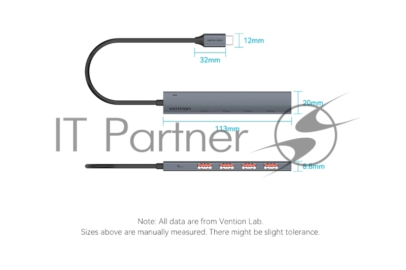 Концентратор Vention OTG USB 3.2 Gen 2 Type-C на 4 USB порта + USB-C PD Серый - 0.15м.
