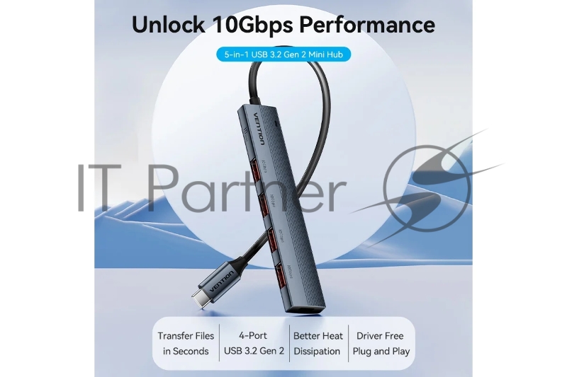 Концентратор Vention OTG USB 3.2 Gen 2 Type-C на 4 USB порта + USB-C PD Серый - 0.15м.