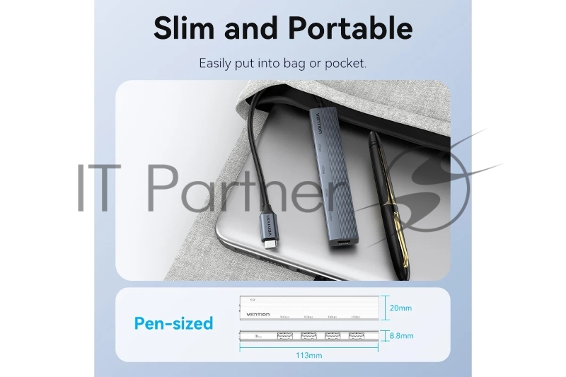 Концентратор Vention OTG USB 3.2 Gen 2 Type-C на 4 USB порта + USB-C PD Серый - 0.15м.