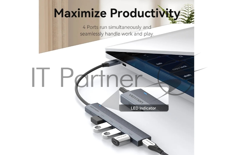 Концентратор Vention OTG USB 3.2 Gen 2 Type-C на 4 USB порта + USB-C PD Серый - 0.15м.