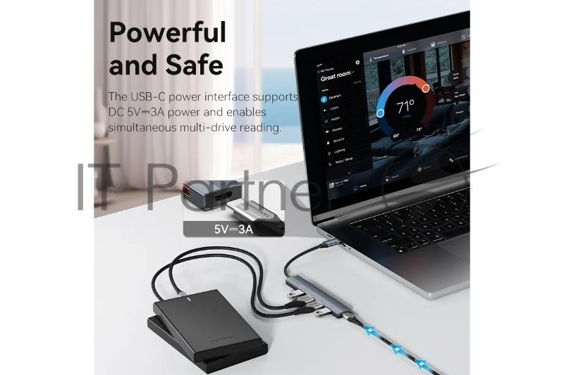 Концентратор Vention OTG USB 3.2 Gen 2 Type-C на 4 USB порта + USB-C PD Серый - 0.15м.