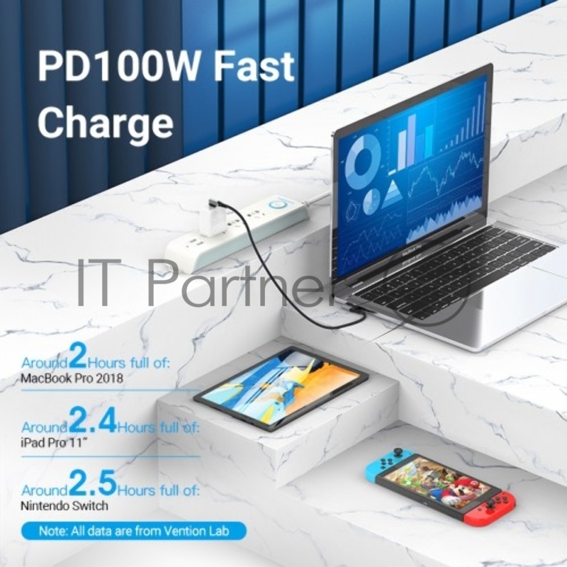 Кабель Vention USB 2.0 CM/CM угловой - 1м. Серый 5А PD100W