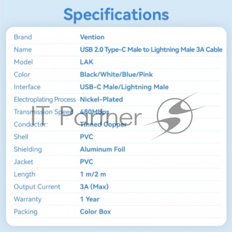Кабель Vention USB 2.0 CM/Lightning 8M для iPad/iPhone 3A - 1м. Голубой