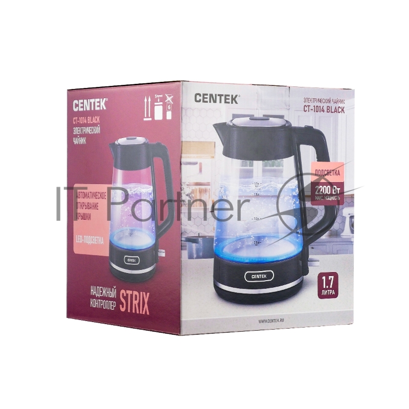 Чайник Centek CT-1014 (черный) стекло 1.7л, 2200Вт, LED, Защита от перегрева, STRIX контроллер
