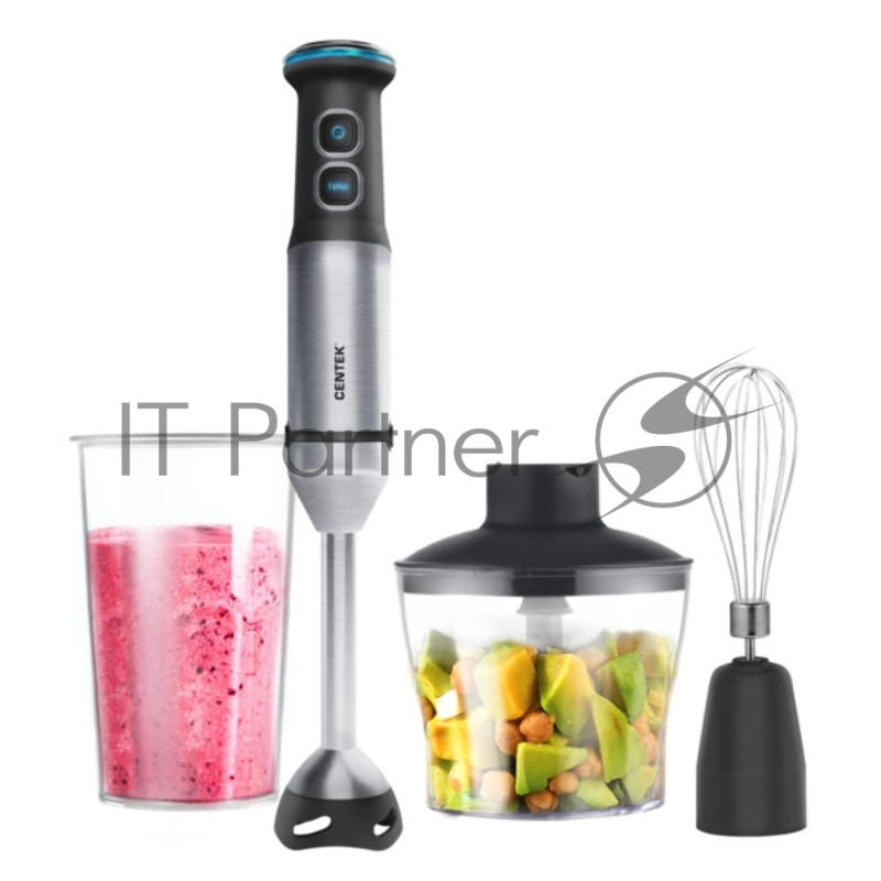 Блендер Centek CT-1333 (черн/сталь) 1500Вт, подсветка, мягкое покрытие Soft touch, турбо режим, плавная регулировка, стакан, чоппер, венчик